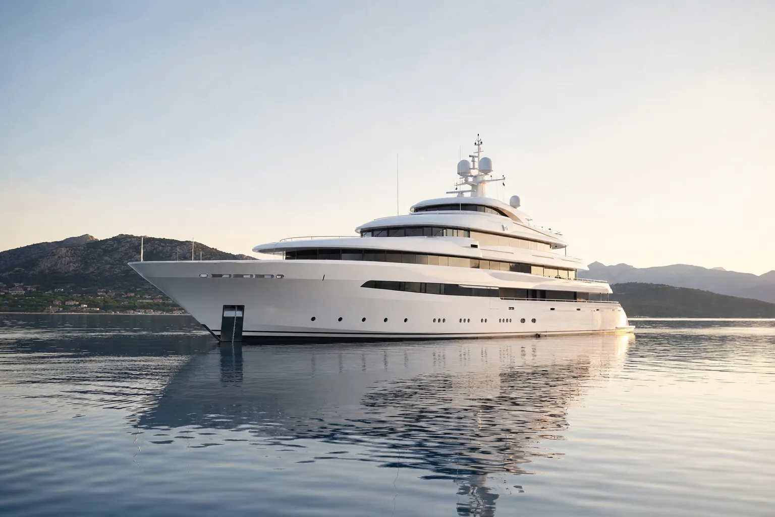 A large white yacht lying at anchor in a calm Mediterranean bay at first light